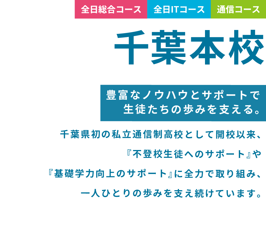 千葉本校 豊富なノウハウとサポートで生徒たちの歩みを支える。千葉県初の私立通信制高校として開校以来、『不登校生徒へのサポート』や『基礎学力向上のサポート』に全力で取り組み、一人ひとりの歩みを支え続けています。