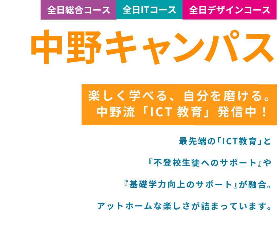 中野キャンパス 楽しく学べる、自分を磨ける。中野流「ICT教育」発信中!最先端の「ICT教育」と『不登校生徒へのサポート』や『基礎学力向上のサポート』が融合。アットホームな楽しさが詰まっています。