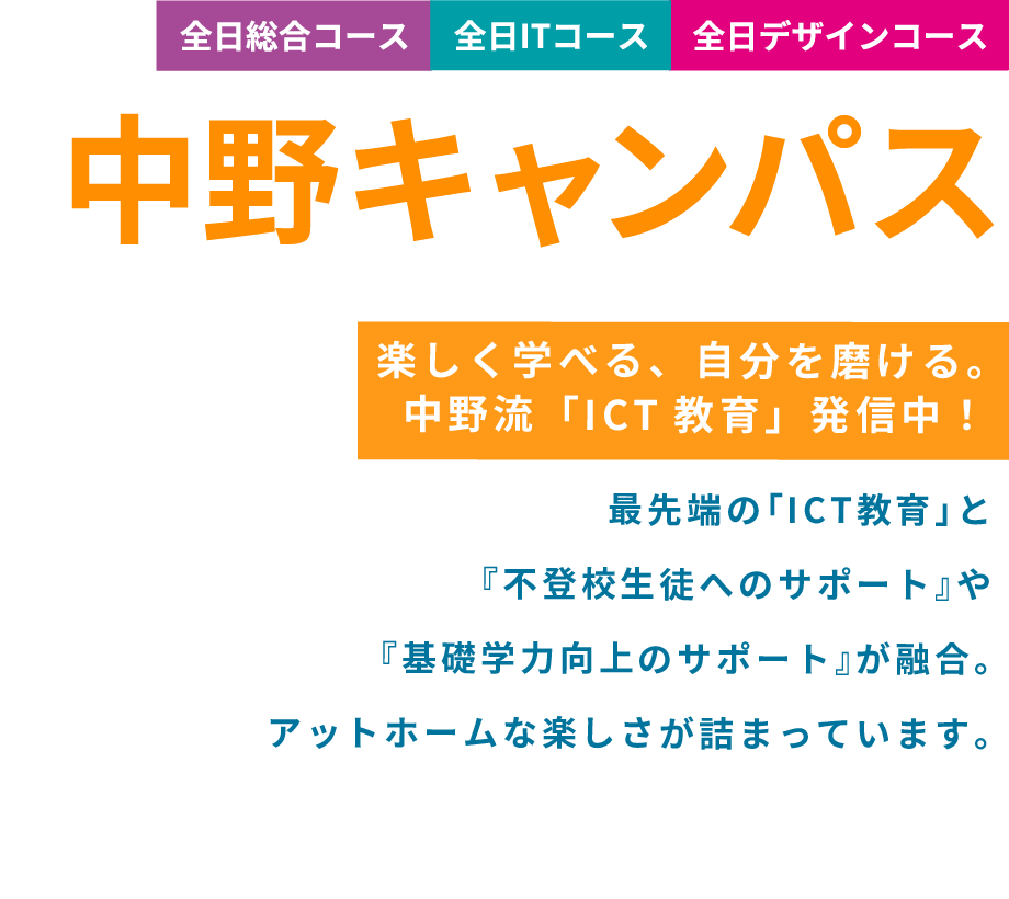 中野キャンパス 楽しく学べる、自分を磨ける。中野流「ICT教育」発信中!最先端の「ICT教育」と『不登校生徒へのサポート』や『基礎学力向上のサポート』が融合。アットホームな楽しさが詰まっています。
