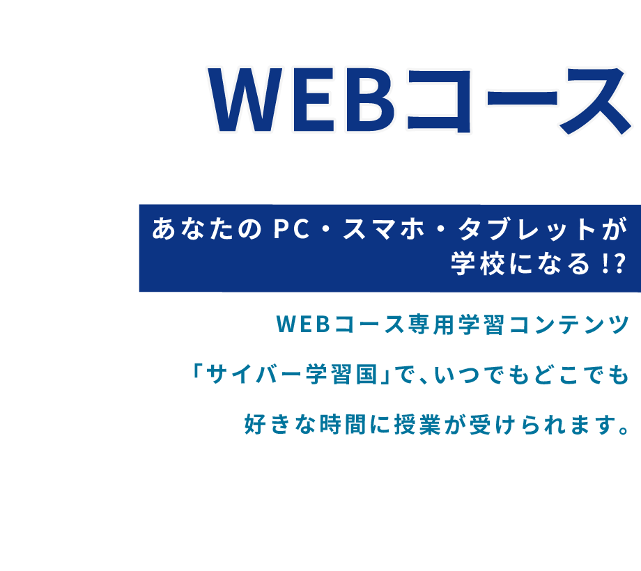 WEBコース あなたのPC・スマホ・タブレットが学校になる!?WEBコース専用学習コンテンツ「サイバー学習国」で、いつでもどこでも好きな時間に授業が受けられます。